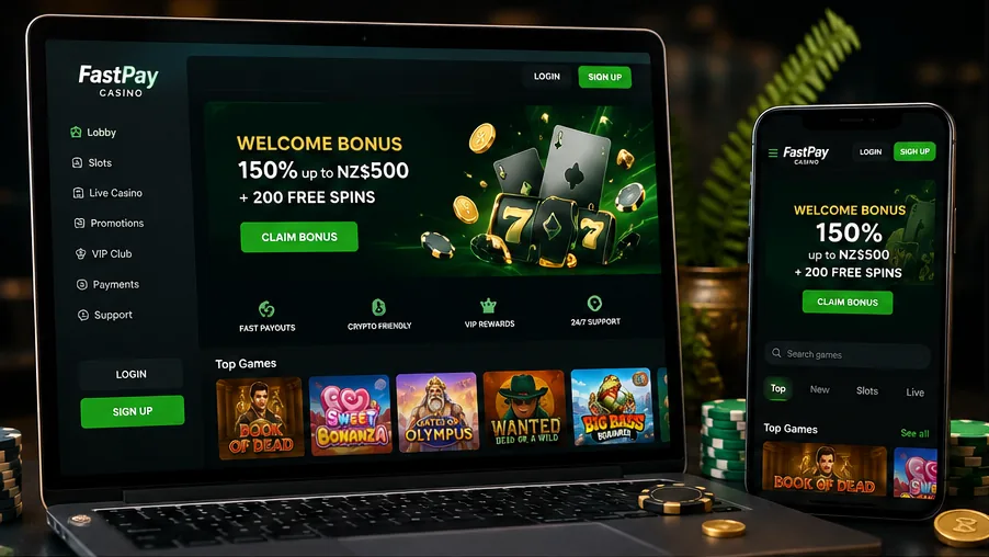 Fastpay Casino interface shown on a desktop monitor and a mobile screen side by side